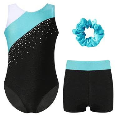 Oyolan Mädchen Kinder Gymnastikanzug Turnanzug Glitzer Turnanzug Ballett Trikot Leotard mit Kurze Hose und Haarband Tanzkostüm Blau Grün 146-152