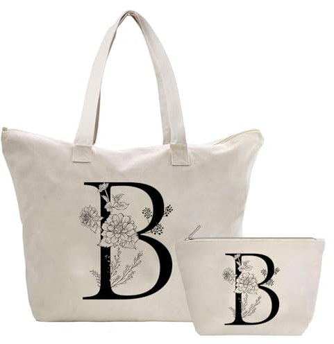 Personalizadas Bolso Tote de Mujer con Inicial, Bolsa de lona con Bolsillo Interior, Bolsa de Compras con Bolso de Cosméticos, Regalos para Damas Mejor Amigas Mamá, Regalo Cumpleaños Navidad B