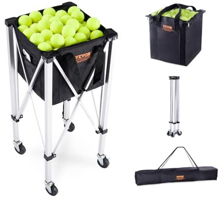 VEVOR Foldable Tennis Ball Hopper, Holds 150 Tennis Balls, Lightweight Aluminum Alloy Tennis Ball Basket Cart with Wheels, Removable Bag,Carry Bag, Portable Sports Teaching Cart for Tennis Player