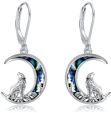 Wolf Ohrringe S925 Sterling Silber Wolf Mond Abalone Muschel baumelnde Ohrringe Tierschmuck Geschenke für Frauen Teenager Mädchen