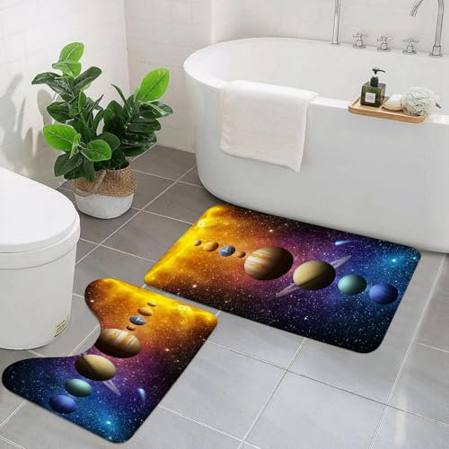AELKSP Badezimmerteppich Set 2 Teilig,Venus Neptun Orbit Nebel Wissenschaft Sonnensystem Mond Planet Sonne Konzept Merkur Ko,rutschfest Waschbar Badvorleger Set,Saugfähig Badematte Badteppich Set mit