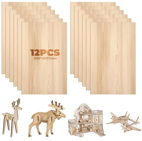 12 Piezas Madera de Balsa Fina 300x200x2mm, Contrachapado para Manualidades, Modelado, Pirograbado, Proyectos de Láser y Pintura