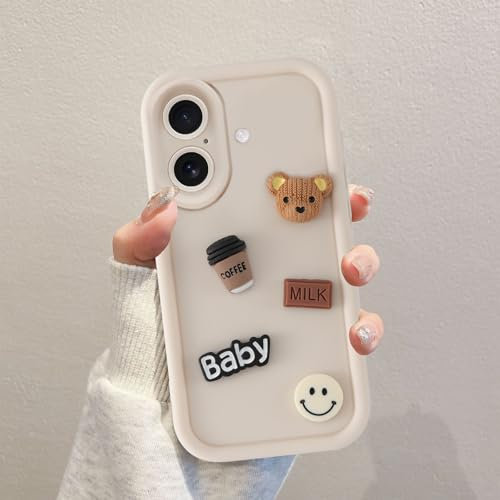 Coalbooliy Coques pour iPhone 16 Plus 6,7'', Étui Blanc Souple TPU Silicone Aesthetic Ours en Peluche Modèle 3D Dessin Durable Housse de Antichoc Camera Protection Cover Cadeau Filles, 03