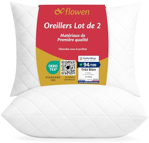 Flowen Oreiller 50x70 Lot de 2 pour Le Lit Coussins pour Dormir et Décoratifs Antiallergiques Anti-Acariens et Rafraichissant Rectangulaire Taie d'oreiller Matelassée Amovible et Lavable