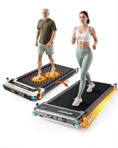 Laufband Schrägband mit 2 Steuerungsoptionen, ultradünnes Design und doppelte Stoßdämpfung, LED-Display, leistungsstark und leise Laufband zum Gehen/Joggen, Weiß