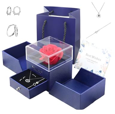 Freundin Geschenk,Ewige Rosenbox,Geschenke,Kette,Kette Damen Silber 925,Damenohrringe, Trauringe,Grußkarten,Geburtstag, Valentinstag(Halskette +Paar Ringe+Ohrringe, Edelsteinblau + Silberfarbe)
