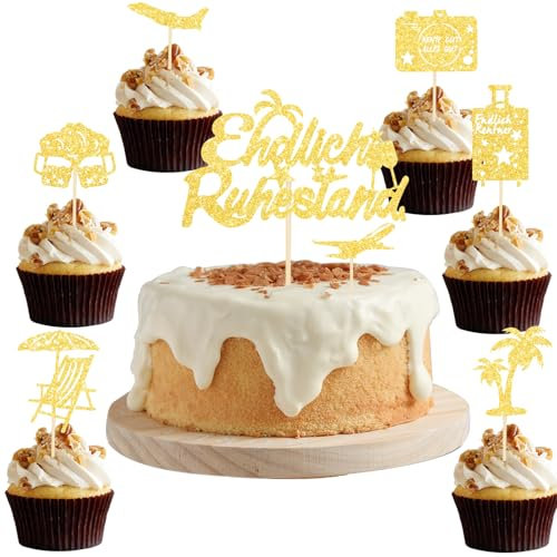 ALEGRE Tortendeko Ruhestand Cake Topper,8 Stück Endlich Ruhestand Kuchen Deko Gold,Glitzer Rente Deko Torten,Ruhestand Cupcake Topper,Papier Ruhestand Deko Kuchen Rentnerin 2025 für Frauen Männer