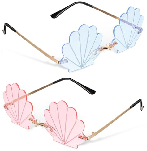 Garneck Lunettes de soleil à la mode en coquillage sans monture pour les fêtes Cadre doré, verres bleu clair. Idéal pour les festivals et les événements à la plage.