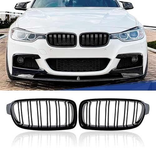 AOIQTTJNB F30 F31 Kühlergrill für BMW 3er F30 F31 Schwarz Nieren 3er Schwarz Kühlergrill Streifen Doppelsteg F30 Nieren 2012-2018