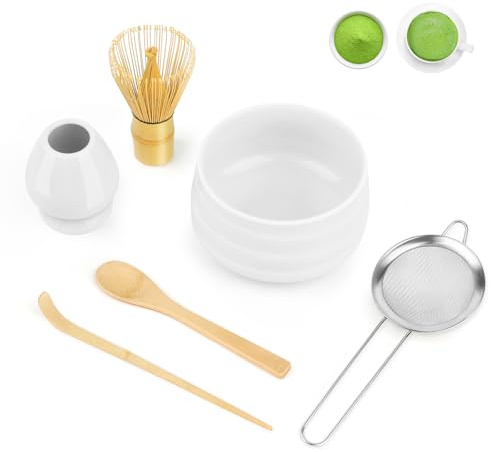 YARVPUV 6 Piezas Te Matcha Kit Matcha Set con Batidor Matcha (Chasen), Pala (Chashaku), Cuenco, Portabatidor, Tamiz y Cuchara de Matcha Accesorios para Kit Te Matcha Completo - Blanco