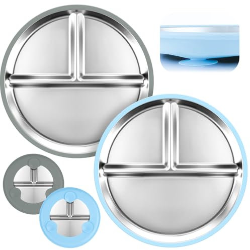 MINISOISO 2 Piatti In Acciaio Inossidabile Con Ventosa per Bambini, Piatti Divisi per Alimentazione con Custodie in Silicone Rimovibili, Antiscivolo, Non Tossici, Senza BPA, Lavabili in Lavastoviglie