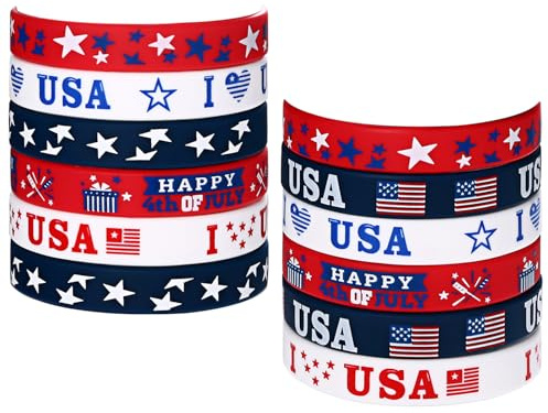 JewelryWe USA Flagge Silikon Armband: 12 Stück Amerikanische Flagge Souvenir Silikonarmbänder Armreifen Amerika Unabhängigkeitstag Patriotischer Schmuck Party Deko Geschenke für Unisex Damen Herren