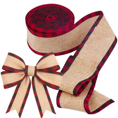 Weihnachten Juteband,6cm Breit Geschenkband mit Rot Schwarz Kariert und Drahtkanten, 10M Weihnachtsbänder zum Basteln, Schleifenband Weihnachts Dekorativ für Verpackung, Weihnachtsbäumen, Kranz Deko