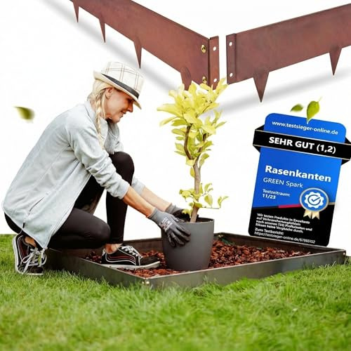 GREEN Spark Cortenstahl Rasenkante [Schneckenabweisend] 5X 1m, 1,5 mm dick | mit Berührschutz | zur Garten- und Beetgestaltung | Beeteinfassung Metall | Cortenstahl Beeteinfassung | Rasenkante Metall