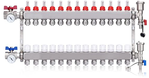 Heizkreisverteiler mit Eurokonus 3/4 (20x2mm) + 1 Kugelhähne +Thermometer | 13 Heizkreise Fußbodenheizung mit Manueller Entlüfter, Flussmesser Durchflussmesser, 30 x 1,5 mm, HKV Verteil