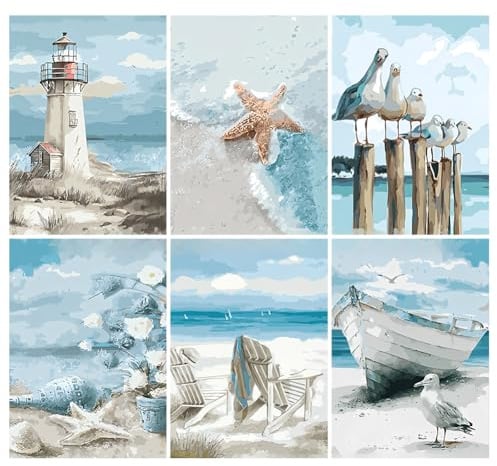 HTGWCG 6 Packs Paint by Numbers for Adults, Sea View Ring Art DIY Acrylic Oil Painting Paint by Numbers Kits on Canvas,Adult Paint by Number Kits Drawing Paintwork for Home Decor