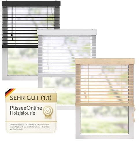 PlisseeOnline Holzjalousie 50 mm Weiß I Innenjalousie Holz 50x130 cm I Montage ohne Bohren oder Wand-/Deckenmontage I Sicht- & Sonnenschutz Fenster
