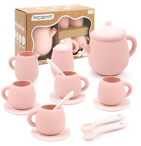 MCGMITT Silicone Tea Party Set for Kids, 15PCS Toddler Pretend Play Tea Set with Teapot, Tea Cup, Coasters, Creamer, Sugar Bowl, Spoon Food Grade Educational Toy for Tea Picnic Girls Boys Age 1 2 3