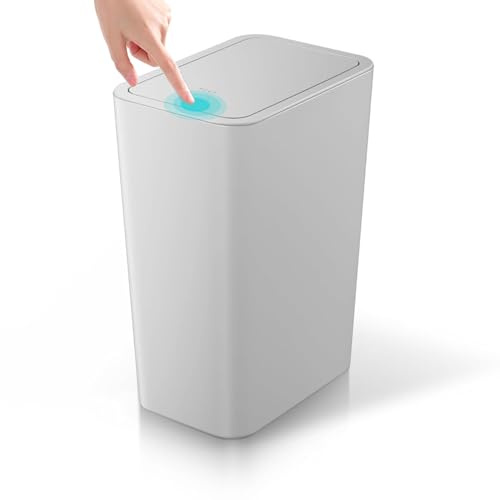 Slim Bathroom Bin with Lid, 10L Bedroom Bin with Pop-Up Push-Button Lid Small Thin Plastic Bins, Narrow Trash Can Anti-Odour Pet Proof Waste Basket for Toilet,Kitchen,Living Room,Office