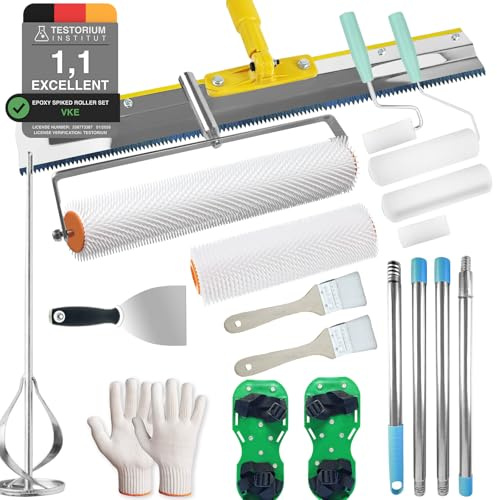 Epoxy Spiked Roller Self Levelling with Mixing Paddle, Self Levelling Tools, Extension Pole 162cm, Stainless Steel Scraper, Spiked Shoes, Markless Sawtooth Self-Leveling Rake
