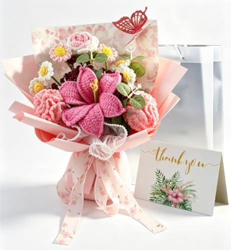 Handmade Crochet Flower Bouquet - Knitted Lily with Butterfly & Gift Bag | Sturdy Standing Base Artificial Floral Arrangement,Unique Mother's Day, Birthday Gift for Her