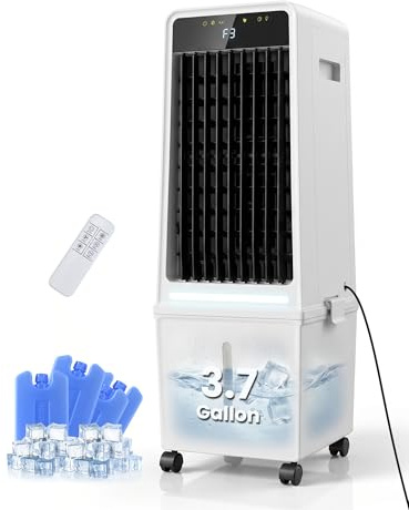 Air Choice Swamp Cooler, aire acondicionado portátil sin ventanas de 30 pulgadas con tanque de agua de 3.7 galones, 2 paquetes de hielo, oscilación, 3 velocidades/modos, temporizador de 12 horas, luz