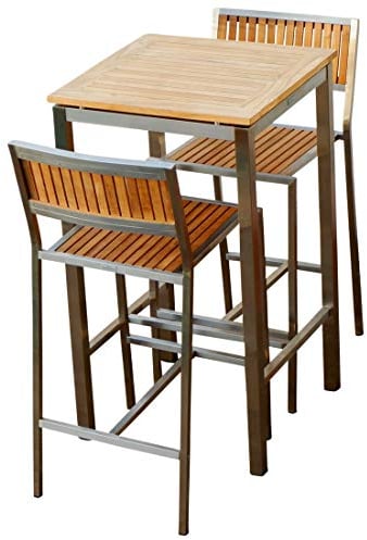 ALEOS. Bar Set - Edelstahl Teak Bartisch Bistrotisch 60x60cm mit 2X Barhocker Modell: MEXIKO A-Grade Teakholz