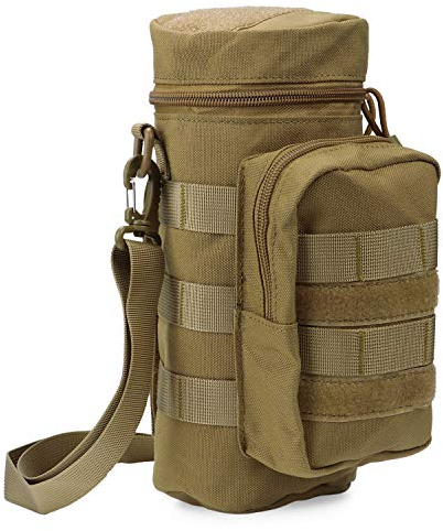 TsunNee Tactical Molle Water Bottle Pouch, Hydration Carrier Holder with Extra Accessory Pouch and Detachable Shoulder Strap for Military Sport Bike, Tan
