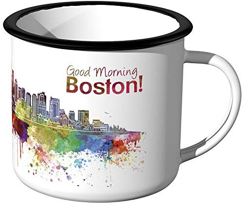 JUNIWORDS Emaille-Tasse, Guten Morgen Boston, Skyline Aquarell, Schwarzer Tassenrand