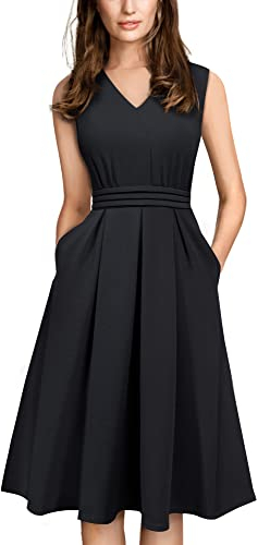 HOMEYEE Damen Vintage 50er Ärmellos Cocktail Retro mit Pocket Flared Kleid A196 (XL, Schwarz)