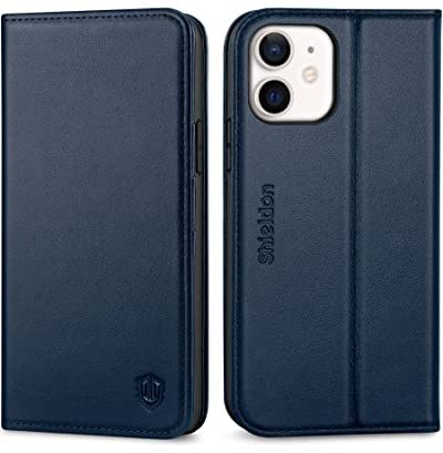 SHIELDON Hülle für iPhone 12 Pro Handyhülle iPhone 12 [Rindsleder] [Verdicht TPU] [Kartenfach] [Stand] [Magnet] RFID-Sperre Stoßfest Lederhülle Etui Kompatibel mit iPhone 12/12 Pro 5G 6,1 - Marineblau