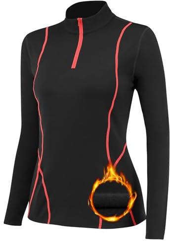 TERODACO Thermal Base Layer Women Warm Wicking Half Zip Ski Thermals with Micro Fleece Long Sleeve Ladies Thermal Tops for Running Hiking Cycling Soft Soft Quick Dry Breathable 02513 Black Red L