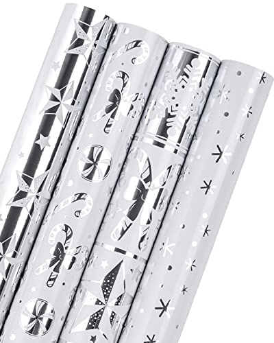 RUSPEPA Rouleau De Papier D'Emballage De Noël - Flocons De Neige Argentés, Collection Des Fêtes De Canne En Bonbon Avec Éclat Métallique - 4 Rouleaux - 76 cm X 305 cm Par Rouleau
