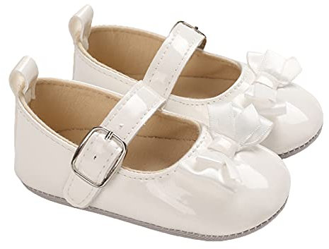 Siyova Scarpe Neonata Scarpe da Principessa per Bambini con Fiocco Scarpe Primi Passi Scarpe Battesimo in PU Tinta Unita Scarpe Bimba Elegante (Bianco, 12-18 Mesi)