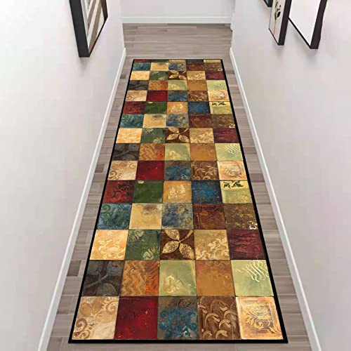 ZZUU Läufer mit geometrischem Gittermuster, gummierte Rückseite, rutschfest, waschbar, weicher Läufer für Wohnzimmer/Küche/Flur/Schlafzimmer/Flur