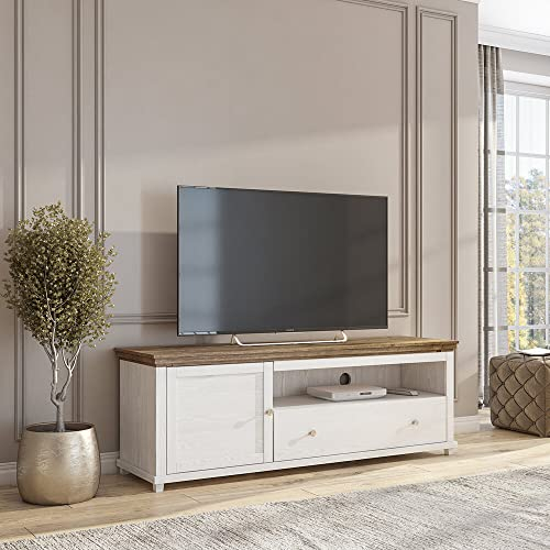 TV Lowboard im Landhausstil in weiß Abisko Esche Nb. mit Lefkas Eiche Nb., B/H/T: ca. 181/61/49 cm
