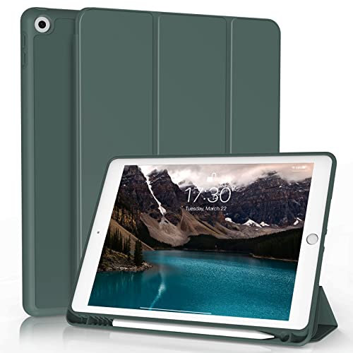 Zoyu Case for iPad 9th/8th/7th Generation 10.2 Inch with Pencil Holder, Auto Sleep/Wake, Trifold Stand, Soft Slim TPU Back Cover (Dark Green)
