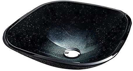 SXLSZ GEH?rtetes Glas Waschbecken, Quadrat Aufsatzwaschbecken Glas Aufsatz Waschschale Waschtisch Schwarzer Sternenverlauf Waschbecken Waschschale, 420×420×145mm,Single Sink