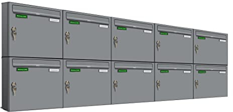 AL Briefkastensysteme Basic 10er Briefkasten RAL 9006 Weiß Aluminium Silber Edelstahl-farbig 10 Fach DIN A4 wetterfest Briefkastenanlage mit Posthaltebügel und 2 Namensschildern