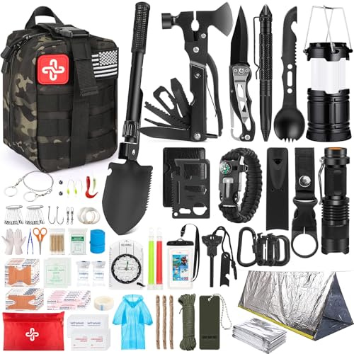 Survival Kit, 250 Stück Survival Ausrüstung Erste Hilfe Kit mit Molle-System Kompatibel Tasche und Notfallzelt, Erdbeben, Outdoor-Abenteuer, Wandern, Jagd, Geschenke für Männer und Frauen