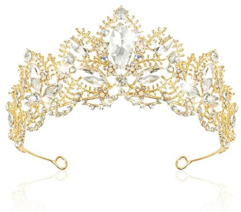 KOMUNJ Krone Damen, Braut Diadem Krone Strass Tiara Krone Kristall Hochzeit Tiara, Prinzessin Krone, Diadem Tiara, Kristall Diadem, für Hochzeit, Karneval, Mottoparty, Festzüge, Party (Gold)
