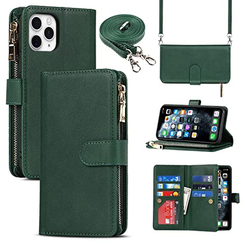 CAVOR Handykette Handyhülle kompatibel mit iPhone 11 Pro Hülle Mit Band,Flip Leder Geldbörse Hülle Mit Kette,[9 Kartenfach][Doppelte Schnalle],Umhängeband Klapphülle Handytasche - Dunkelgrün