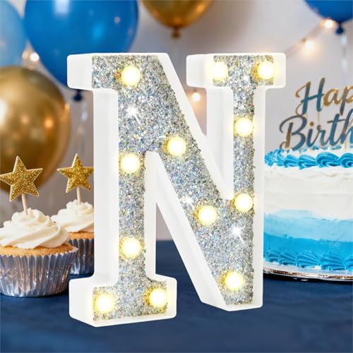HEYCOLOR Silberne Glitzer LED Buchstaben N, Warmweiß LED Buchstaben Lichter Alphabet, Leuchtbuchstaber Als Teenager Mädchen Jungen Geschenke, Party Dekor für Geburtstags Hochzeit Muttertag Birthday