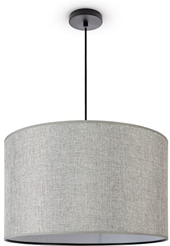 Paco Home Pendellampe Wohnzimmer Deckenlampe Esstischlampe Stoff Lampenschirm Esszimmer Modern Einfarbig Rund E27 Skandi, Farbe:Grau (Ø45.5 cm), Leuchtenart/Farbe:Pendelleuchte-Schwarz - Typ 1