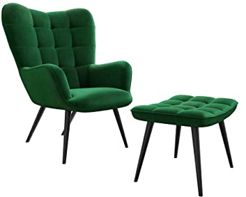 Mirjan24 Ohrensessel mit Hocker Gunar 0022, Stilvoll Lesesessel, Relaxsessel mit Hocker im Modernen Look, Lehnstühle, Polstersessel, Fernsehsessel (Flaschengrün (HCD-18))