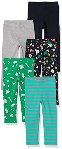 Amazon Essentials Legging Fille, Lot de 5, Bleu Turquoise Rayures/Fleuri/Gris/Noir/Vert Sucreries, 2 Ans