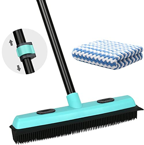 Rubber Broom Carpet Rake for Pet Hair Removal, Fur Remover Broom with 59 Telescoping Long Handle, Pet Hair Broom with Squeegee for Carpet, Hardwood Floor, Tile