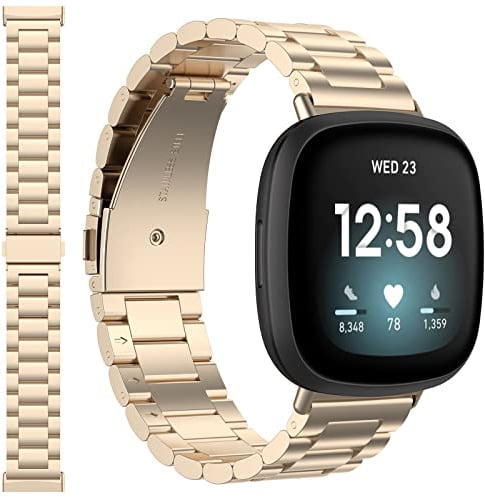 Miimall Kompatibel mit Fitbit Versa 4 Armband, Ultradünne Edelstahl Metall Uhrenarmband [Doppelte Faltschließe] Verstellbares Ersatzarmband für Fitbit Versa 3/Versa 2/Sense 2/Sense-Champagner Gold