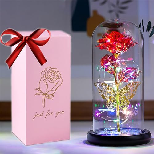 HFHungkeong Mom's Gift Galaxy Rainbow Rose Flower Artificial Flower Glass Dome Butterfly Rose Ladies Birthday Gift Girlfriend Granny Friends Sister Daughter Teacher Valentine's Day Gift