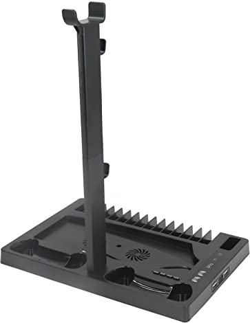 SYH&AQYE Ständer mit Lüfter für PS5, PS5 Kühlstation mit 2 Lüftern, PS5 Kühler mit Controller Ladestation, Unterstützter Aufbewahrungskopfhörer und 15 Spiele Discs